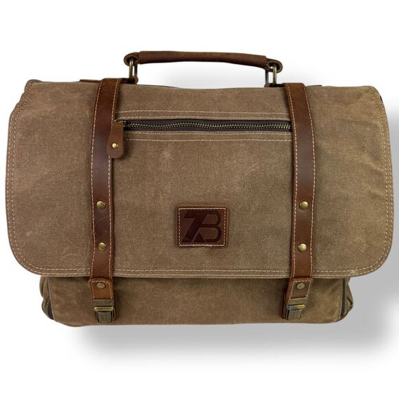 Vintage Style Waxed Canvas Brown Leather Rugged Briefcase Messenger Shoulder Bag - Picture 3 of 16